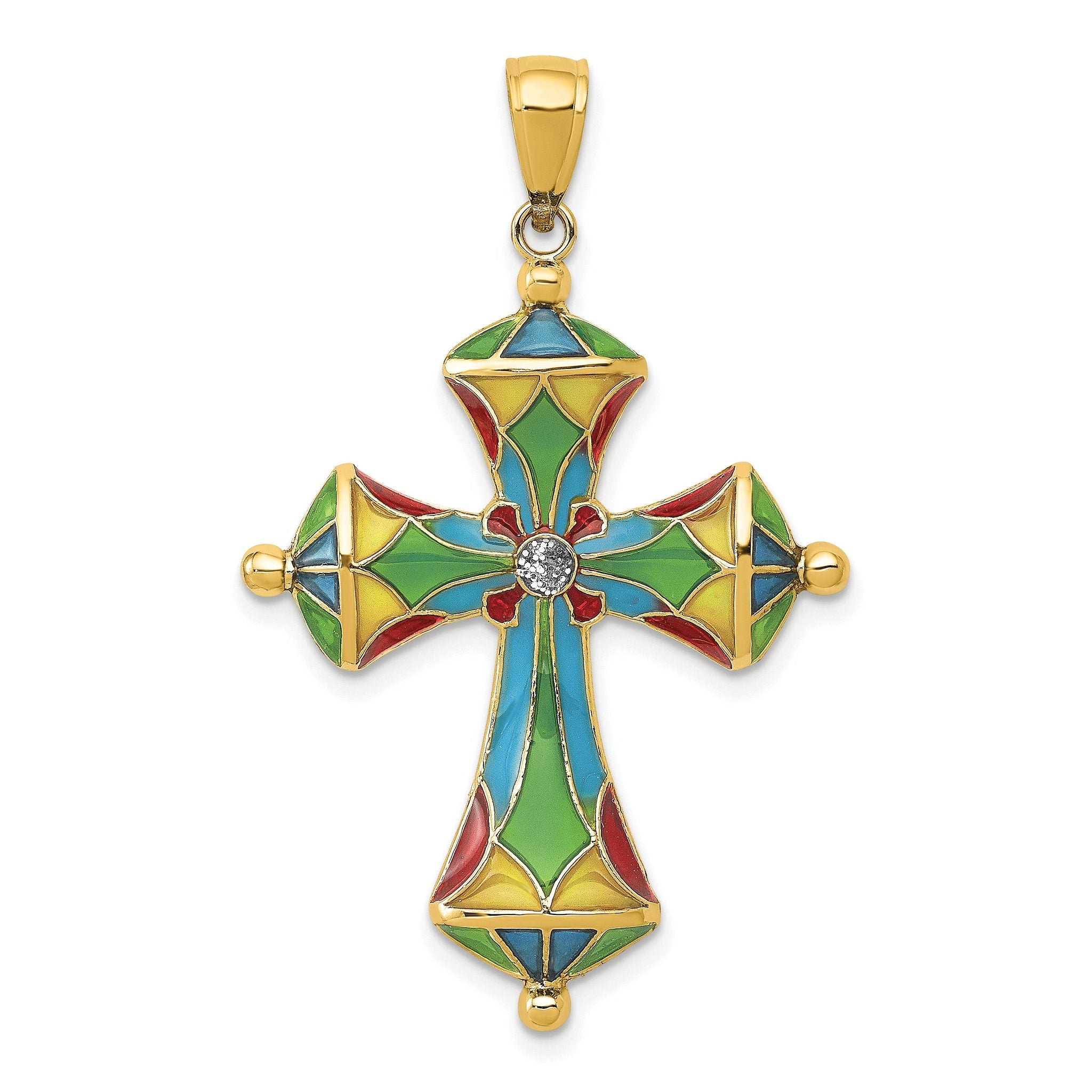 14K Yellow Gold Multi-Color Enamel Cross Pendant, 40mm Solid Cast