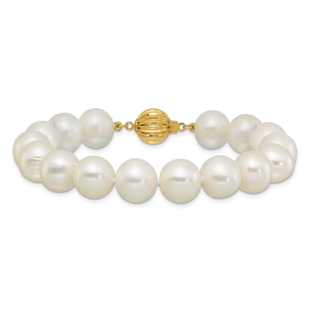14k Polished 10-11mm Near-Round White Freshwater Cultured Pearl 7.5 inch Bracelet