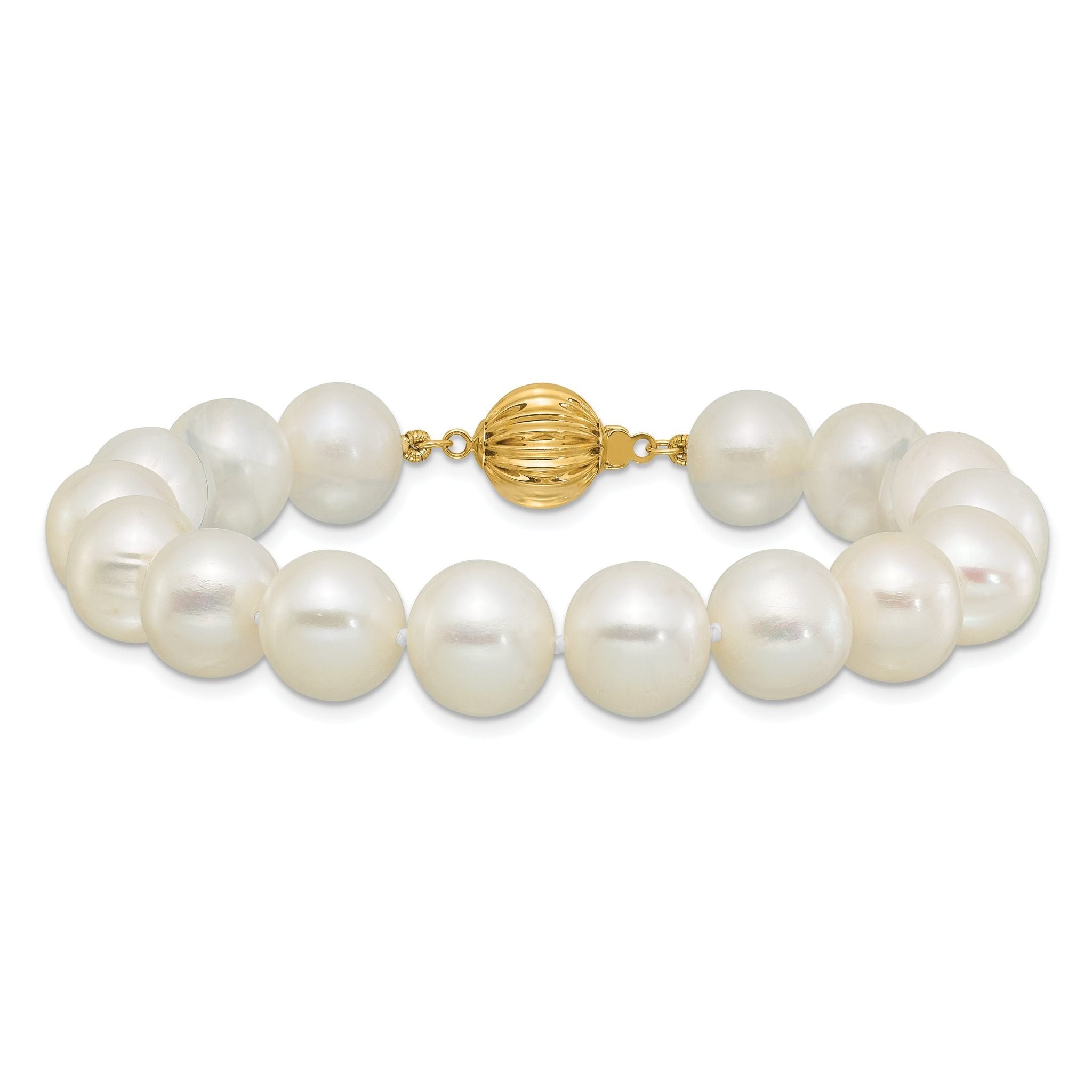 14k Polished 10-11mm Near-Round White Freshwater Cultured Pearl 7.5 inch Bracelet