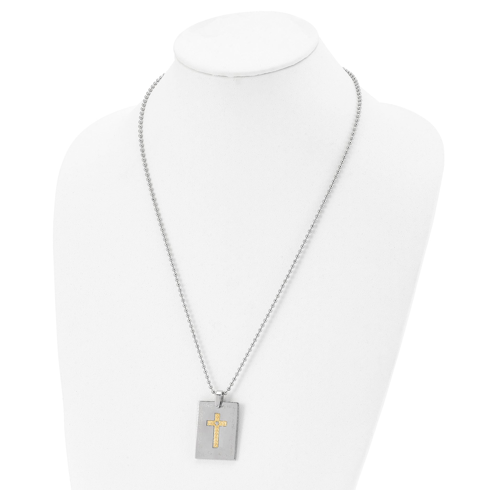 Stainless Steel w/18k Polished Laser Etched w/.01ct Dia Cross Necklace