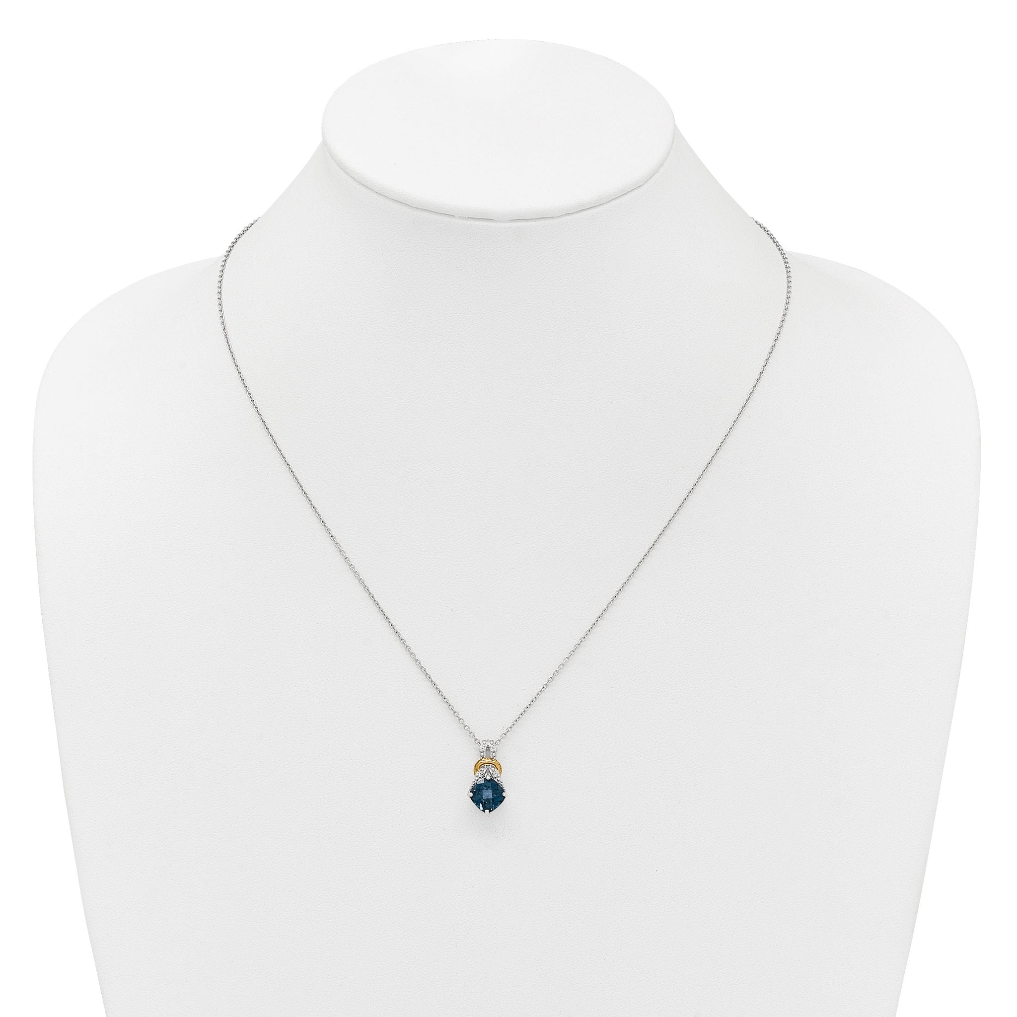 Shey Couture Sterling Silver Rhodium-plated with 14k Accent Checker Cushion London Blue Topaz .04ct. Diamond 18 inch w/2 inch Extension Necklace
