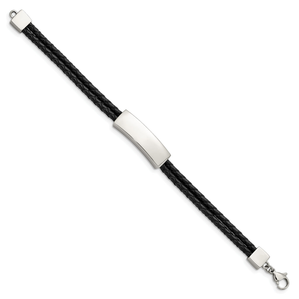 Stainless Steel Polished Black Leather 2 Strand ID Bracelet