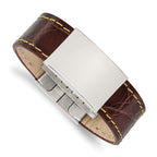 Stainless Steel Polished Brown Leather/Yellow Stitch ID Bracelet for Men