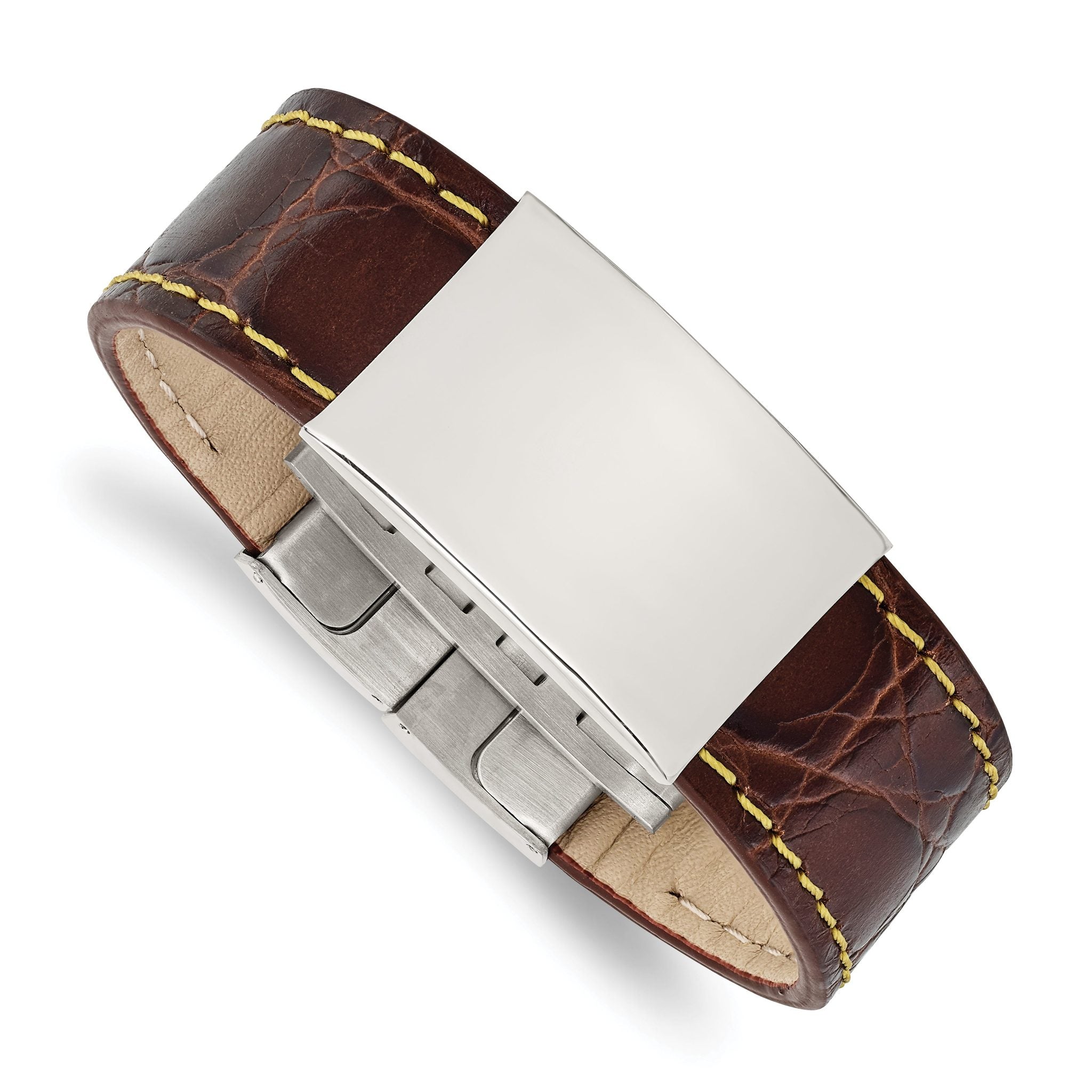 Stainless Steel Polished Brown Leather/Yellow Stitch ID Bracelet for Men