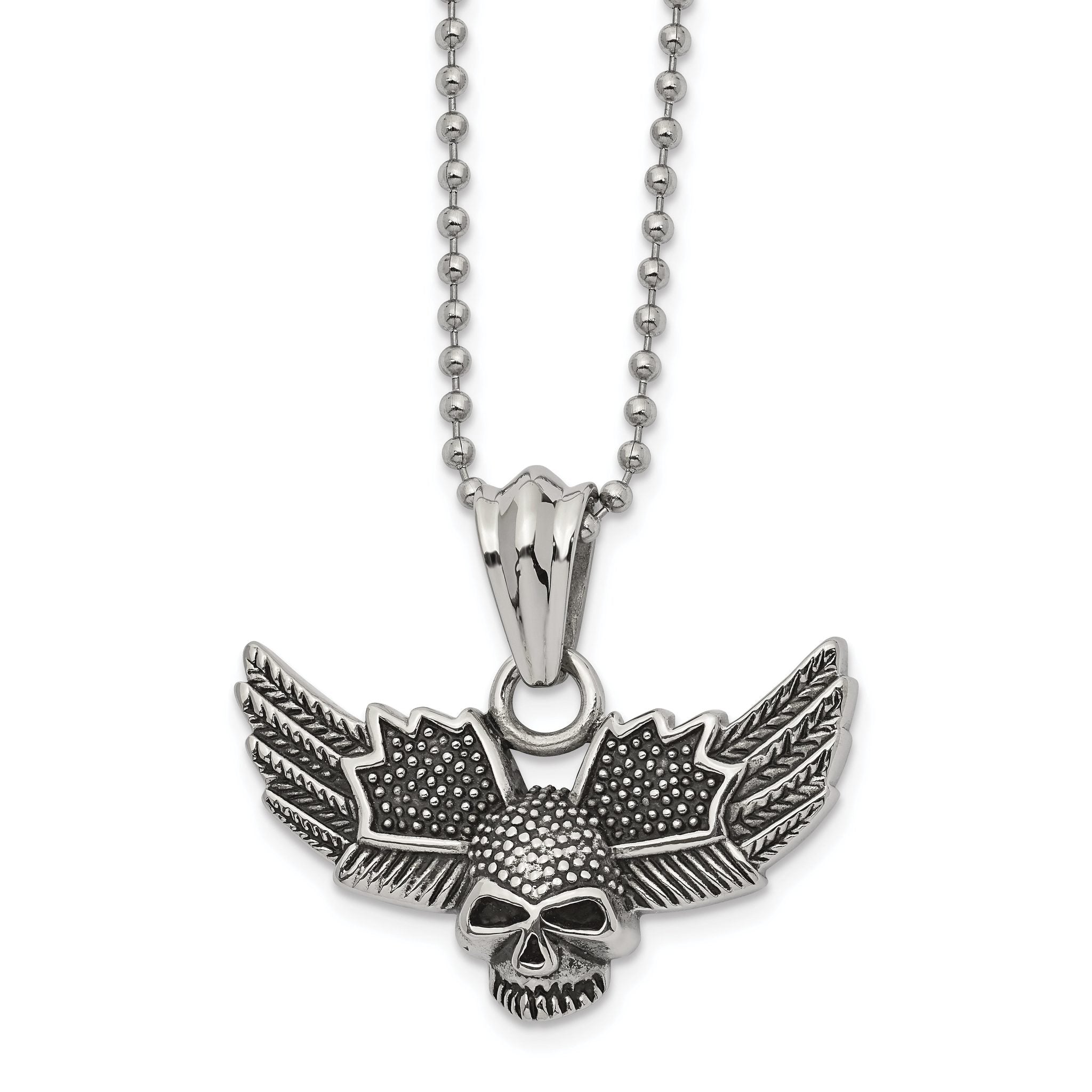 Chisel Stainless Steel Antiqued and Polished Skull with Wings Pendant on a 22 inch Ball Chain Necklace Main image