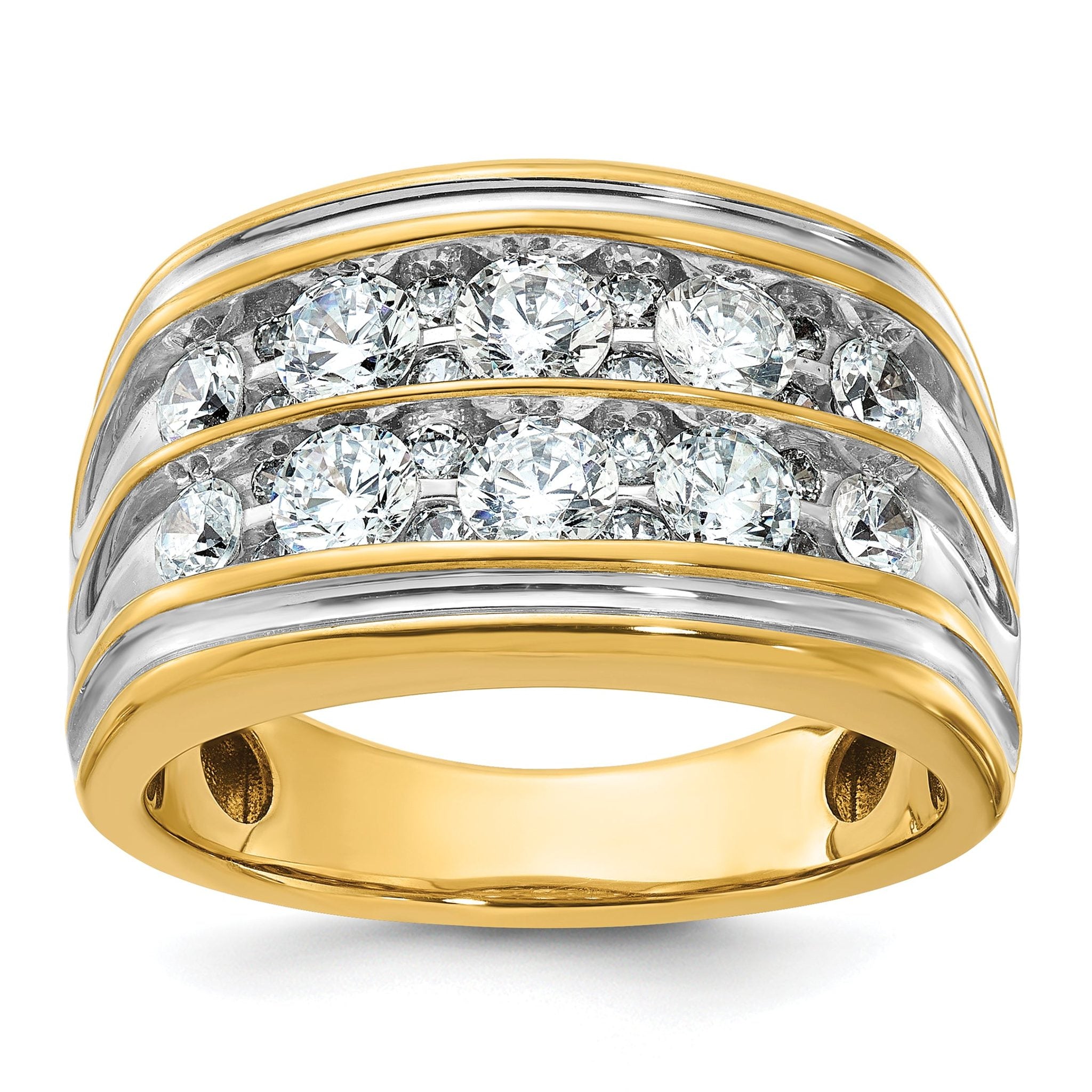 14k with White Rhodium Men's Polished and Grooved 2-Row 2 Carat AA Quality Diamond Ring