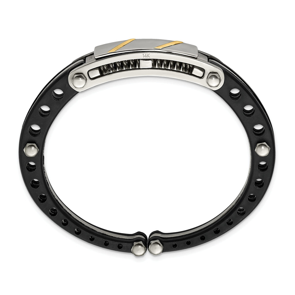Stainless Steel Polished with Black Pvc and 14k Gold Inlay Hinged Bangle Bracelet for Men