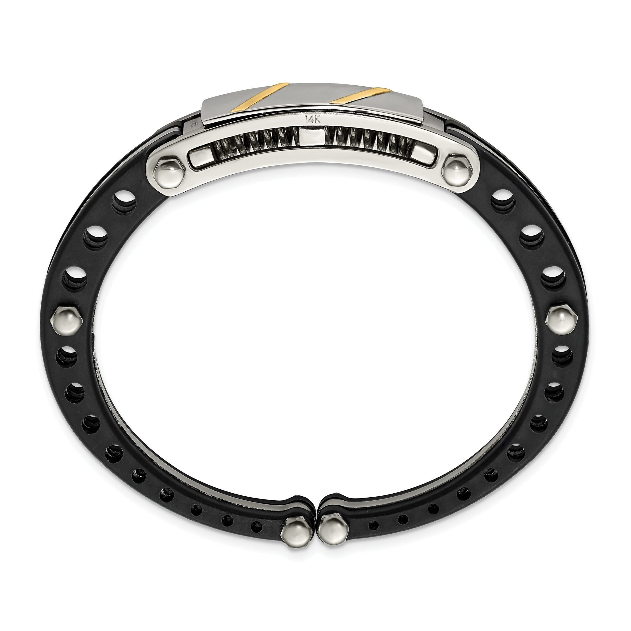 Stainless Steel Polished with Black Pvc and 14k Gold Inlay Hinged Bangle Bracelet for Men