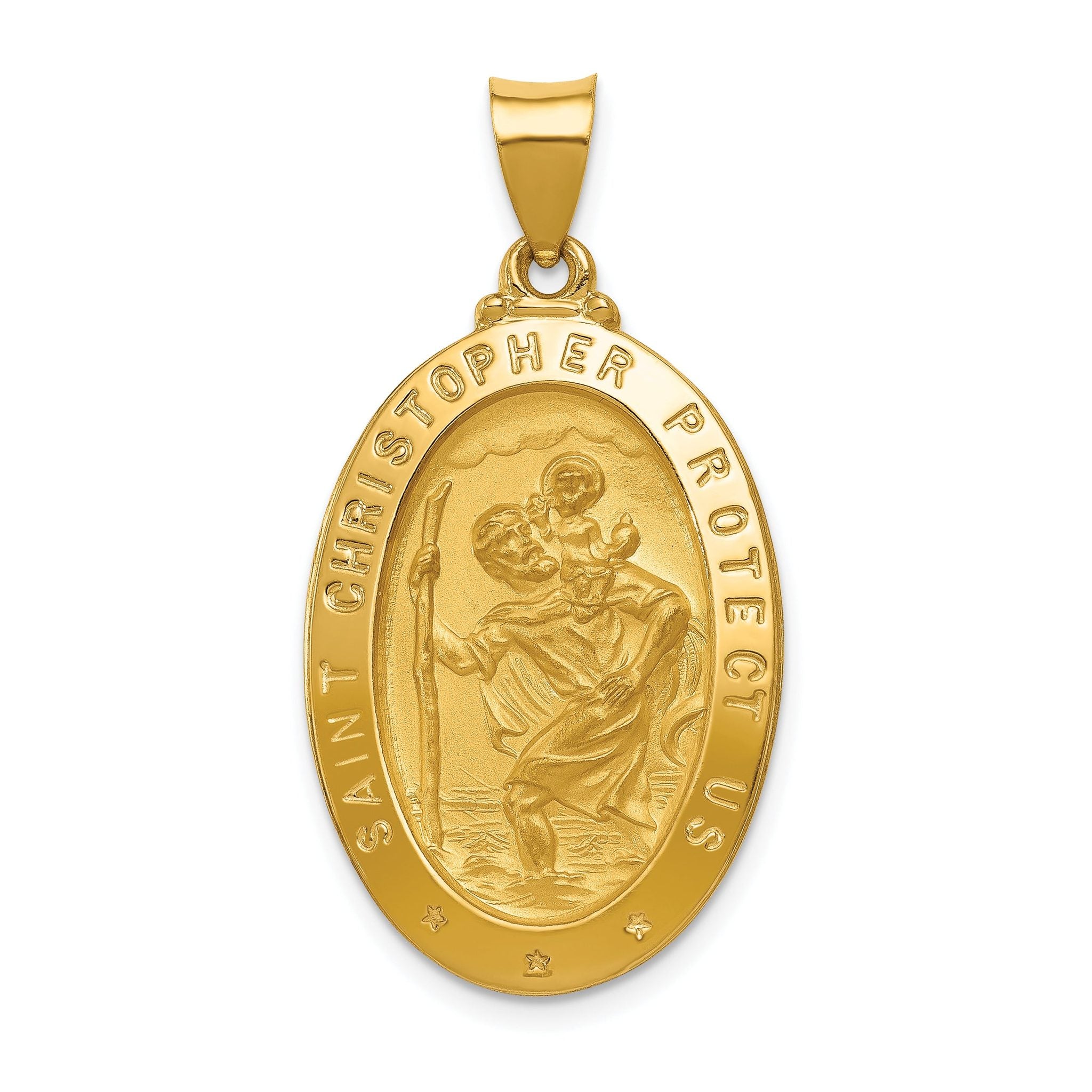 14K Polished and Satin St Christopher Medal Hollow Pendant