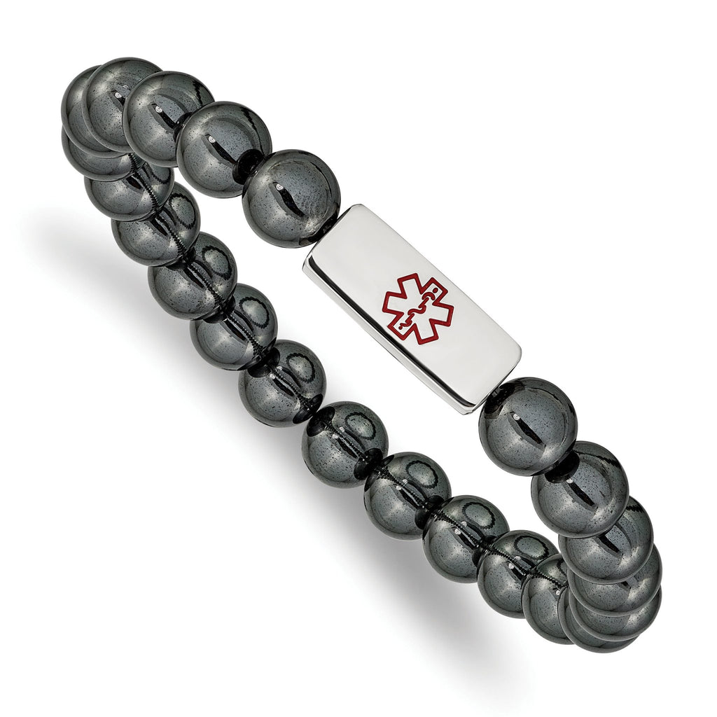 Stainless Steel Polished with Red Enamel Medical ID 8mm Hematite Beaded Stretch Bracelet
