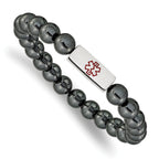 Stainless Steel Polished with Red Enamel Medical ID 8mm Hematite Beaded Stretch Bracelet