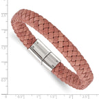 Stainless Steel Polished Light Brown Braided Leather Bracelet for Men
