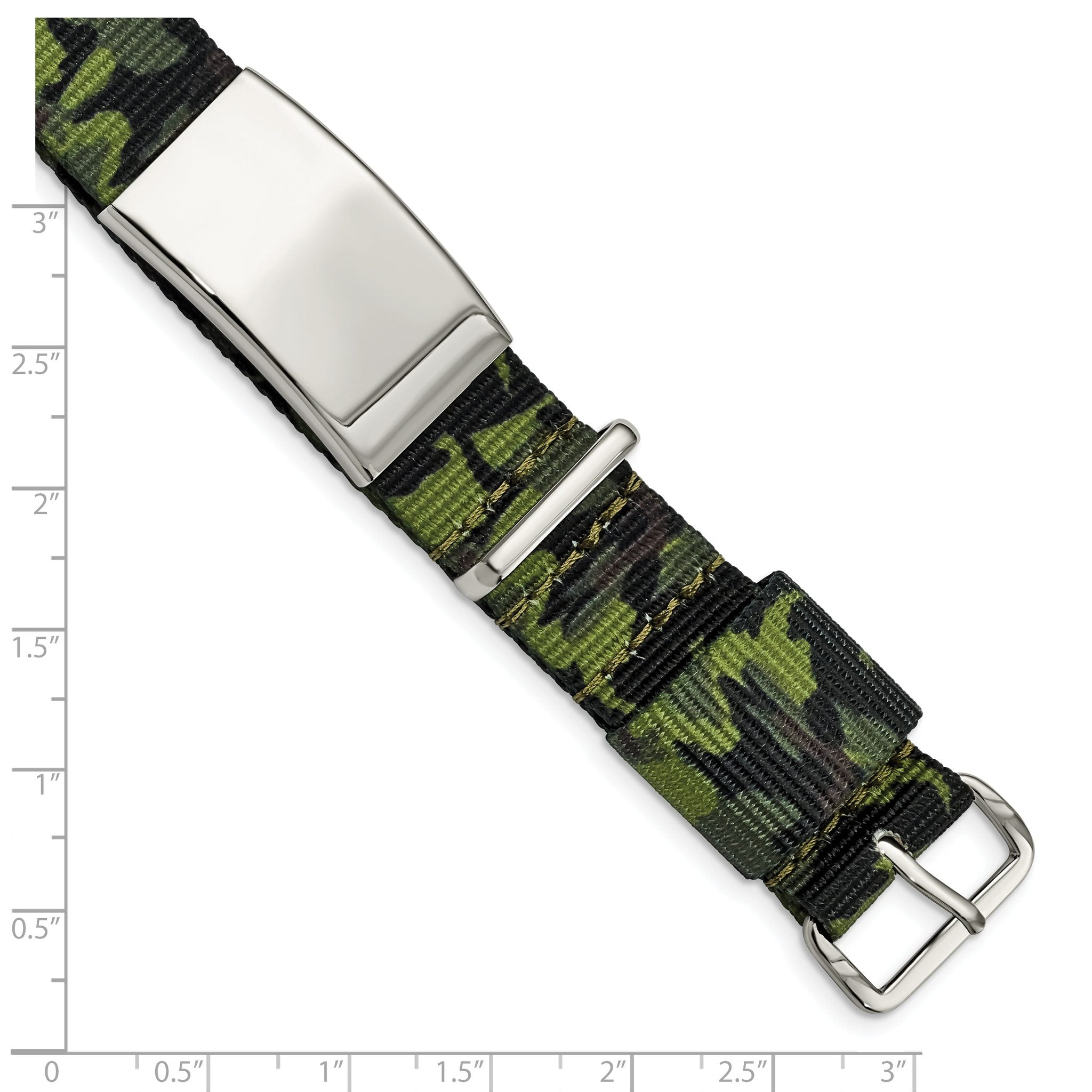 Stainless Steel Polished Green Camo Fabric Adjustable ID Bracelet for Men