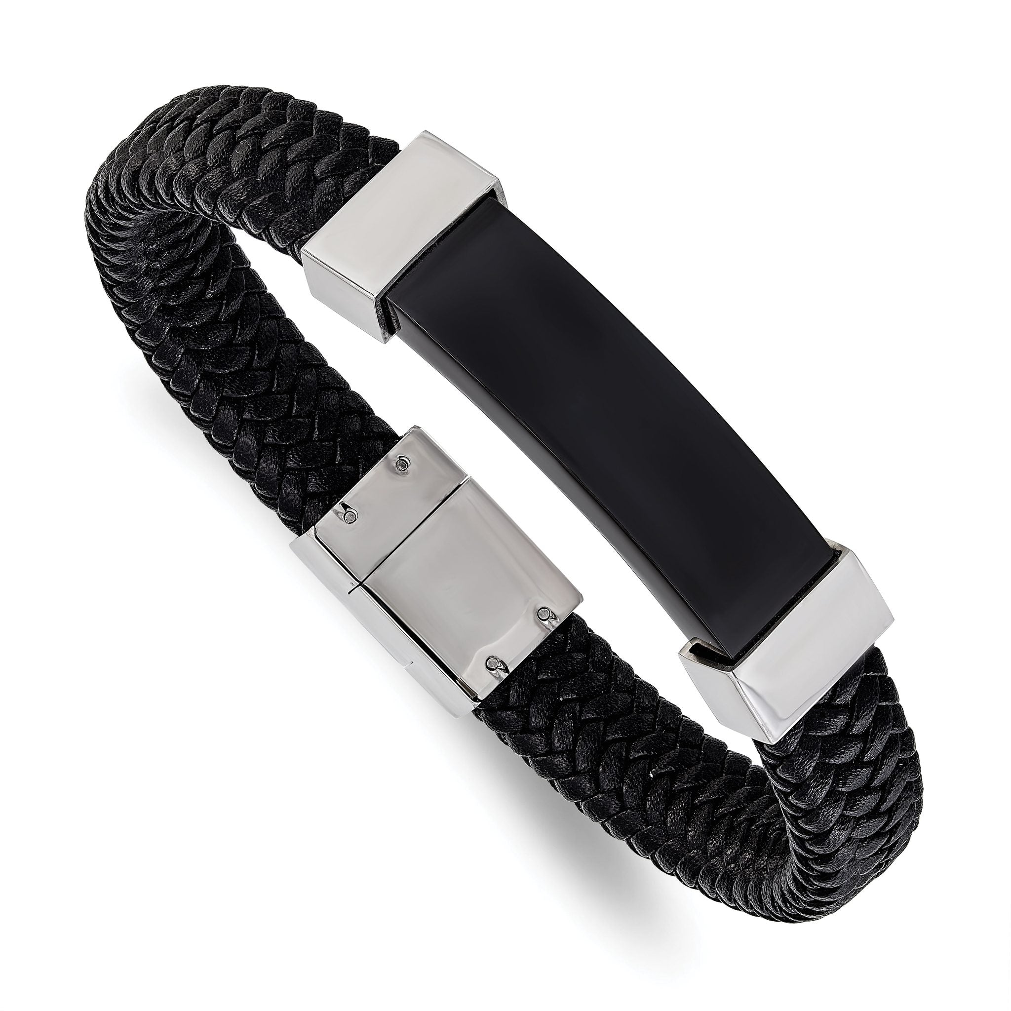 Stainless Steel Polished Black IP-plated Black Braided Leather Bracelet for Men Main image