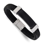 Stainless Steel Polished Black IP-plated Black Braided Leather Bracelet for Men