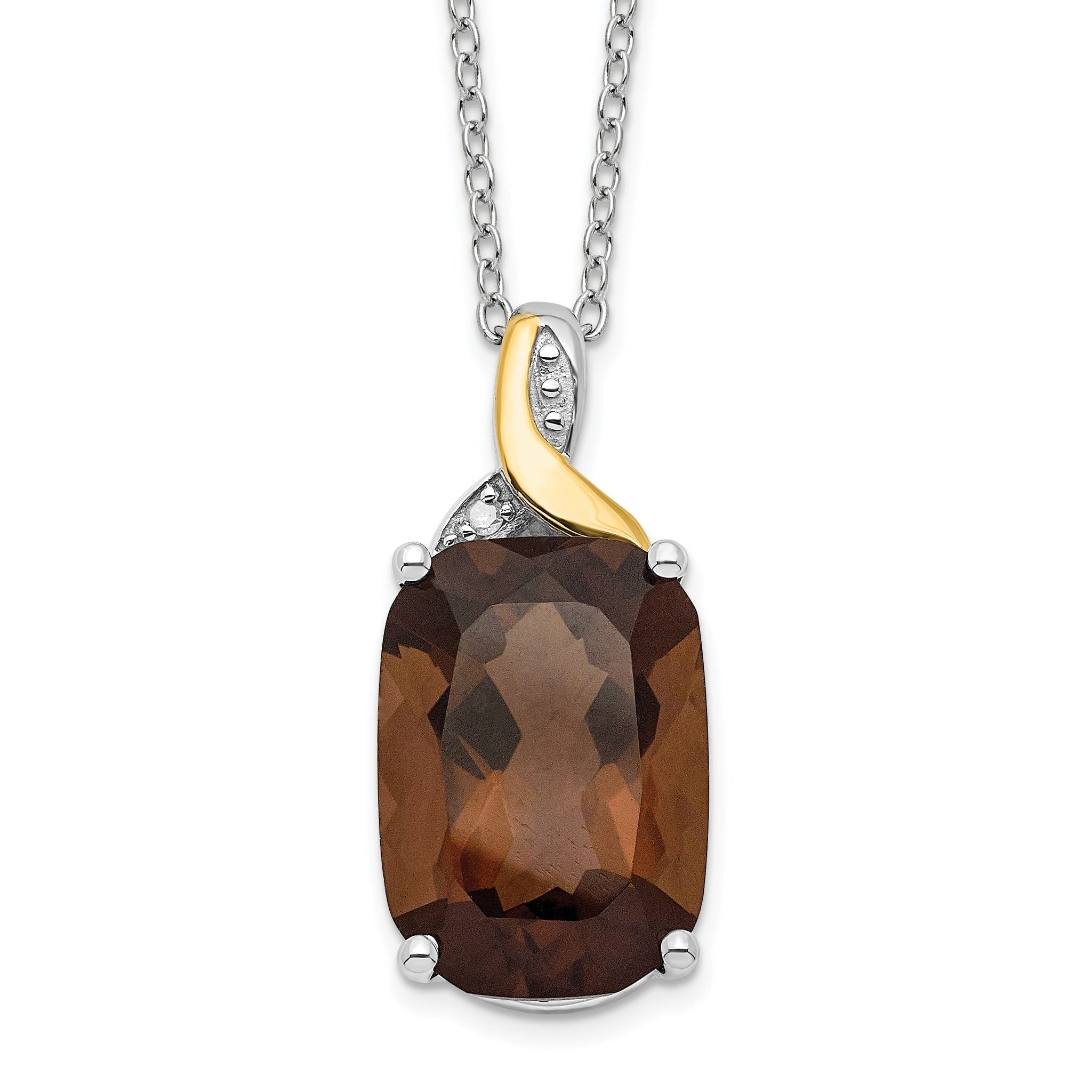Brilliant Gemstones Sterling Silver with 14K Accent Rhodium-plated Smoky Quartz and Diamond 18 Inch Necklace with 2 Inch Extender Main image