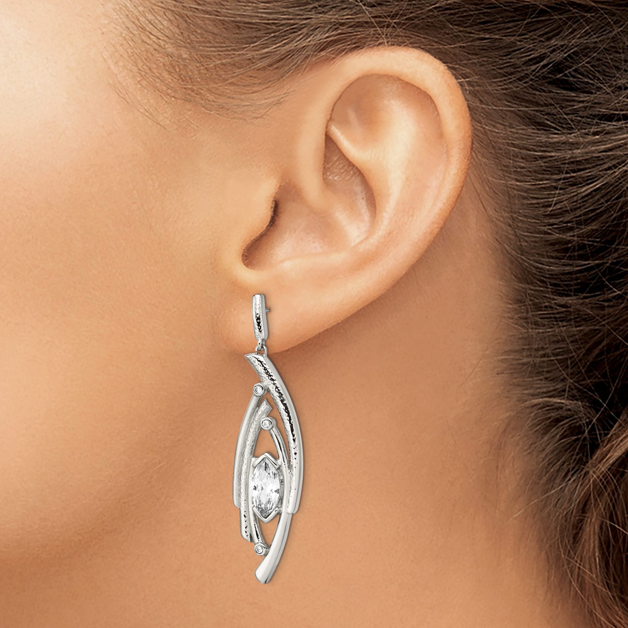 Stainless Steel Polished Marquise Textured Cubic Zirconia Drop Dangle Earrings for Women