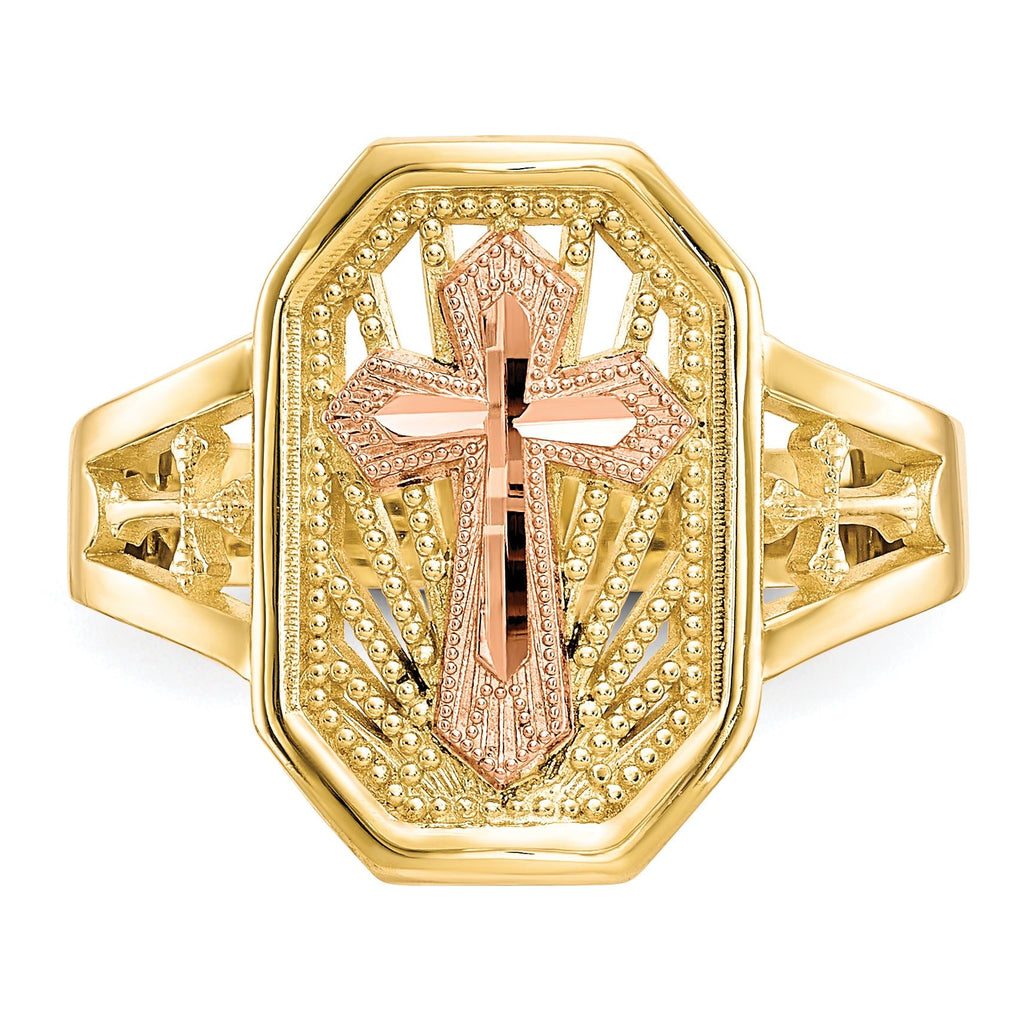 10k Two-tone Filigree Cross Ring