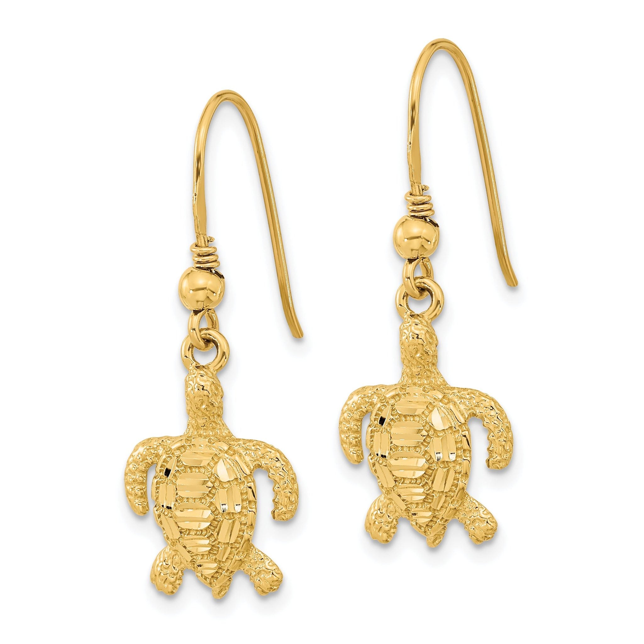 14k Polished & Textured Diamond-cut Turtle Shepherd Hook Earrings Secondary image