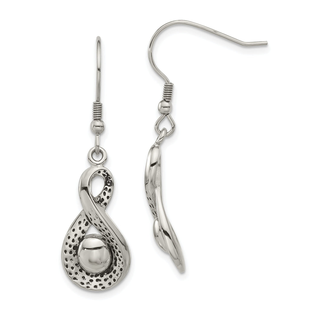 Stainless Steel Infinity Dangle Earrings with Polished Antiqued Finish Gift Ready
