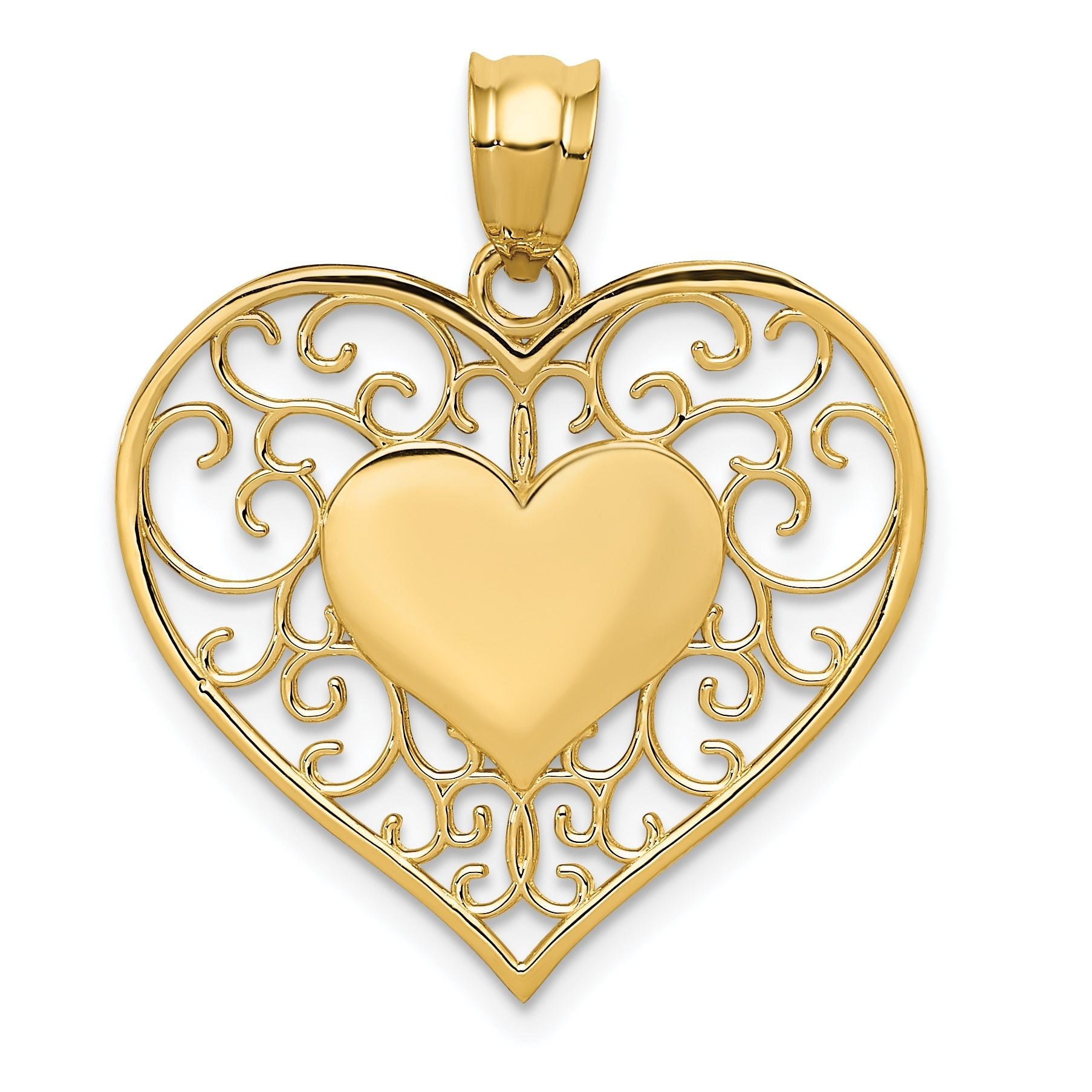 14K Gold Polished Filigree Heart Pendant with Textured Back