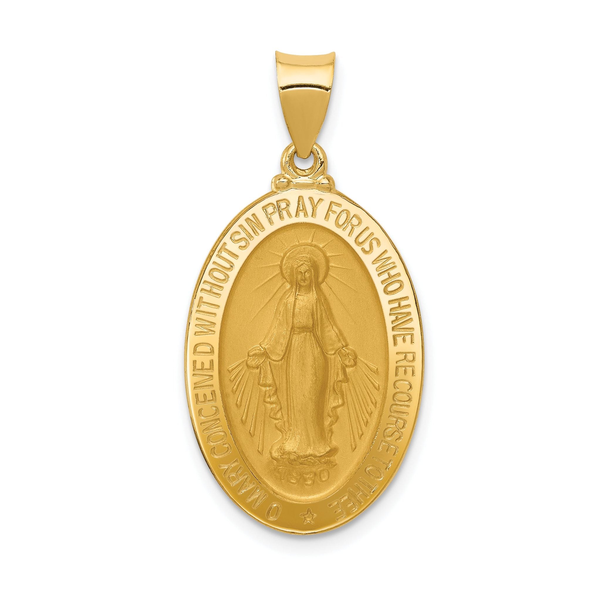 14K Gold Miraculous Medal Hollow Oval Pendant with Polished Finish