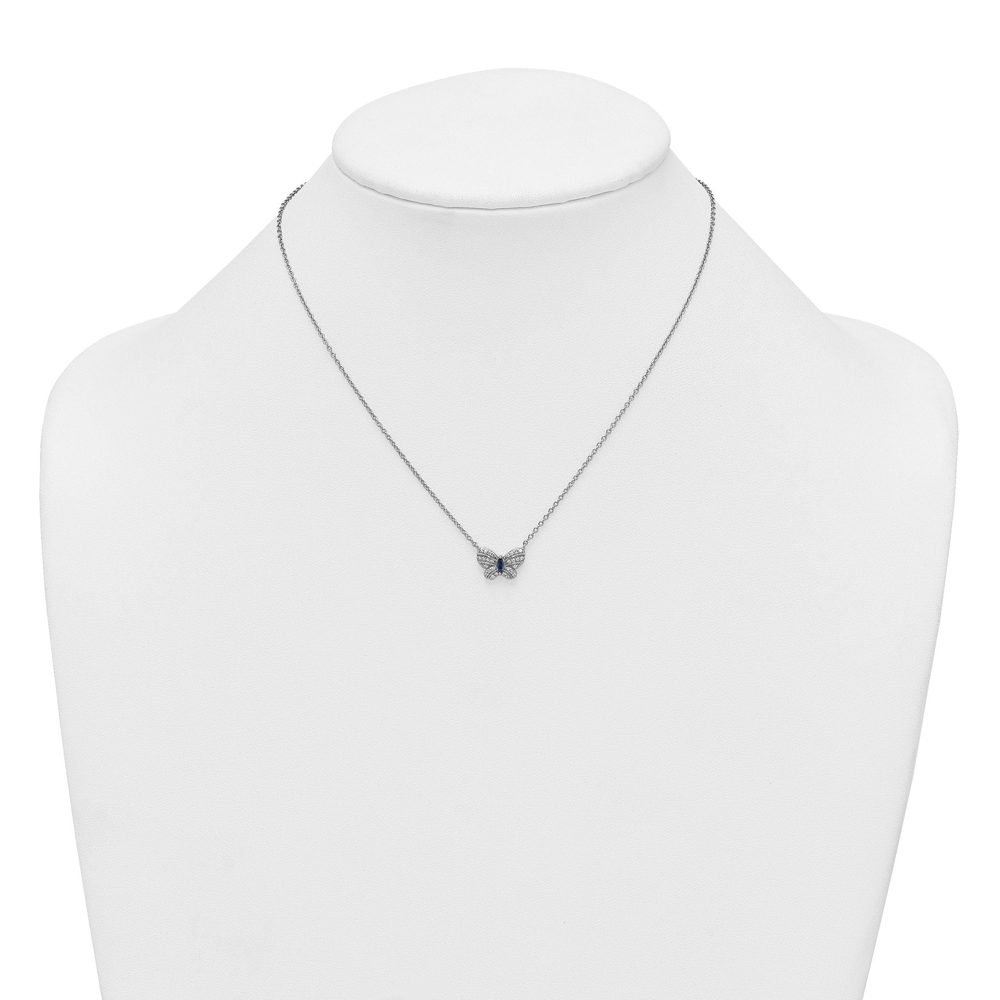 Sterling Silver Rhodium-plated Polished Blue Glass and White CZ Butterfly 16 Inch with 2 Inch Extension Necklace