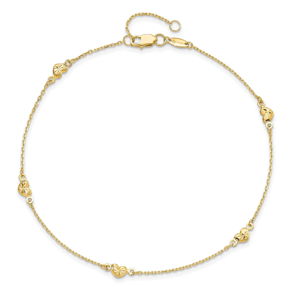 14K Diamond-cut Heart 5-Station 9 inch Plus 1 inch Extender - Total 10 inch Anklet