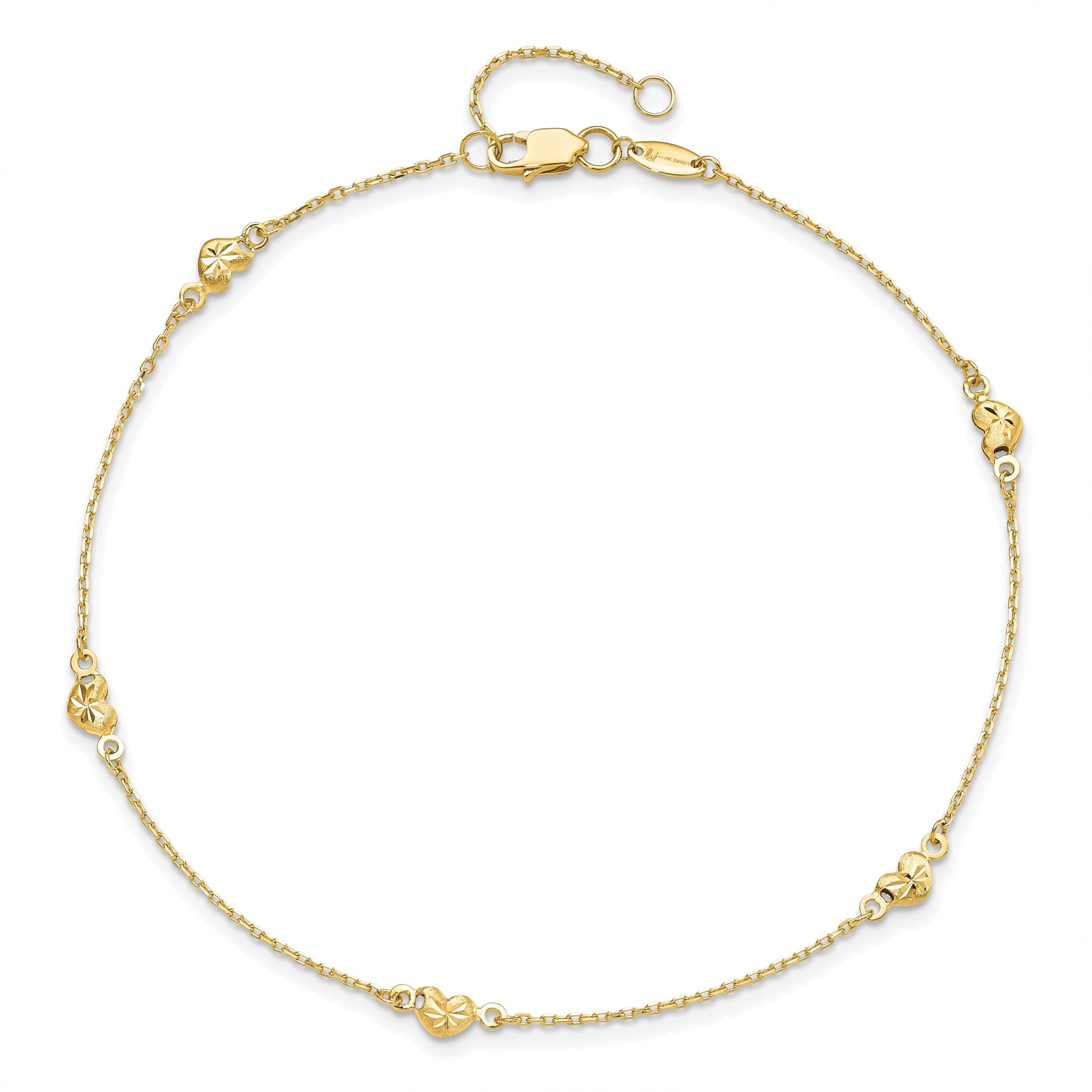 14K Diamond-cut Heart 5-Station 9 inch Plus 1 inch Extender - Total 10 inch Anklet