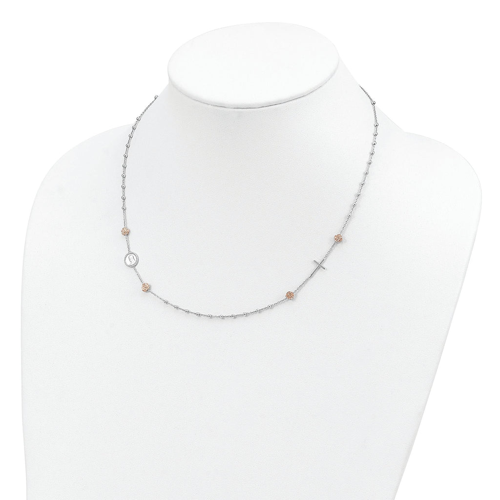 Sterling Silver Beaded with Rose-tone Roses Religious 18 inch Necklace with 1 inch extension