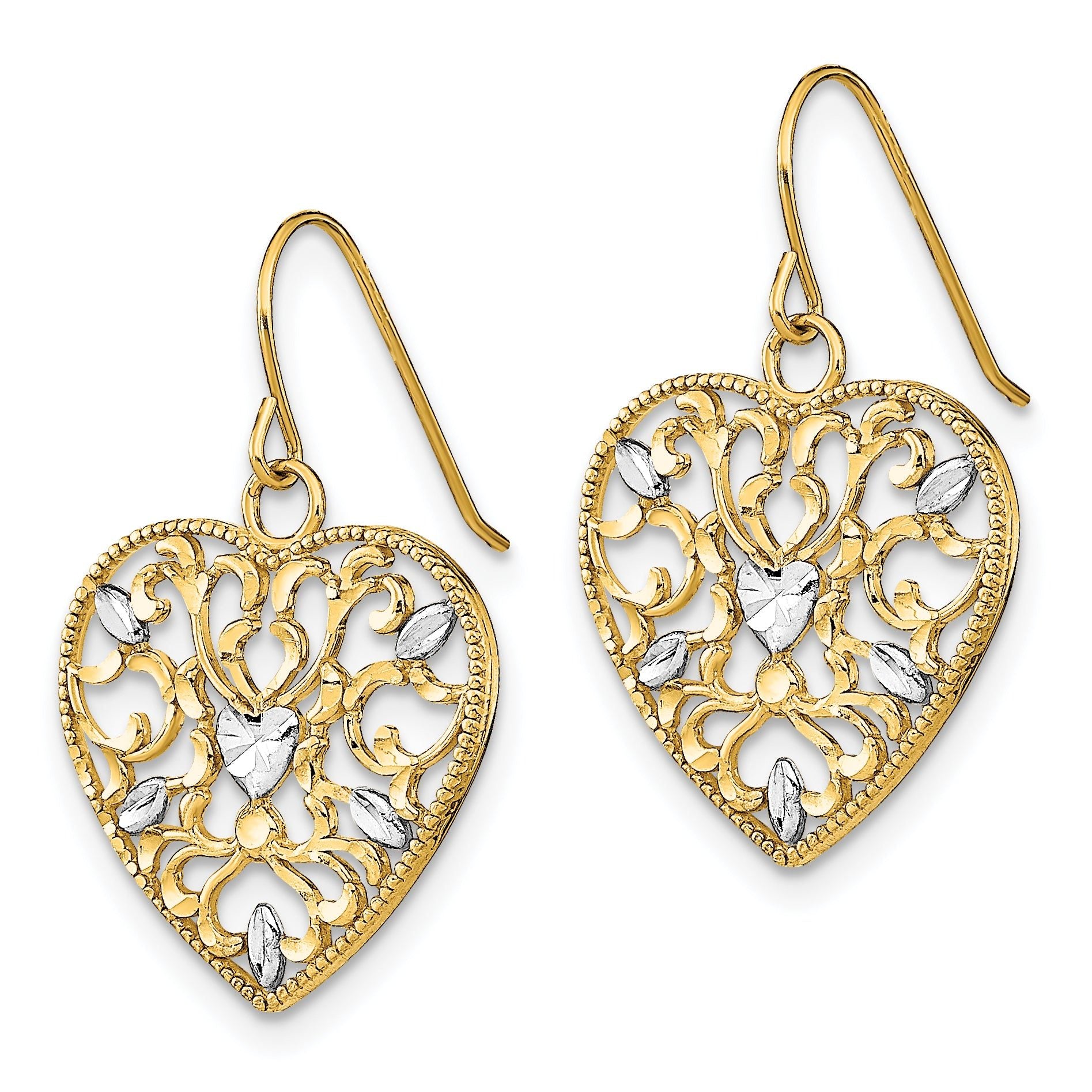 14k w/ RH Filigree Cut-Out Heart Wire Earrings Secondary image