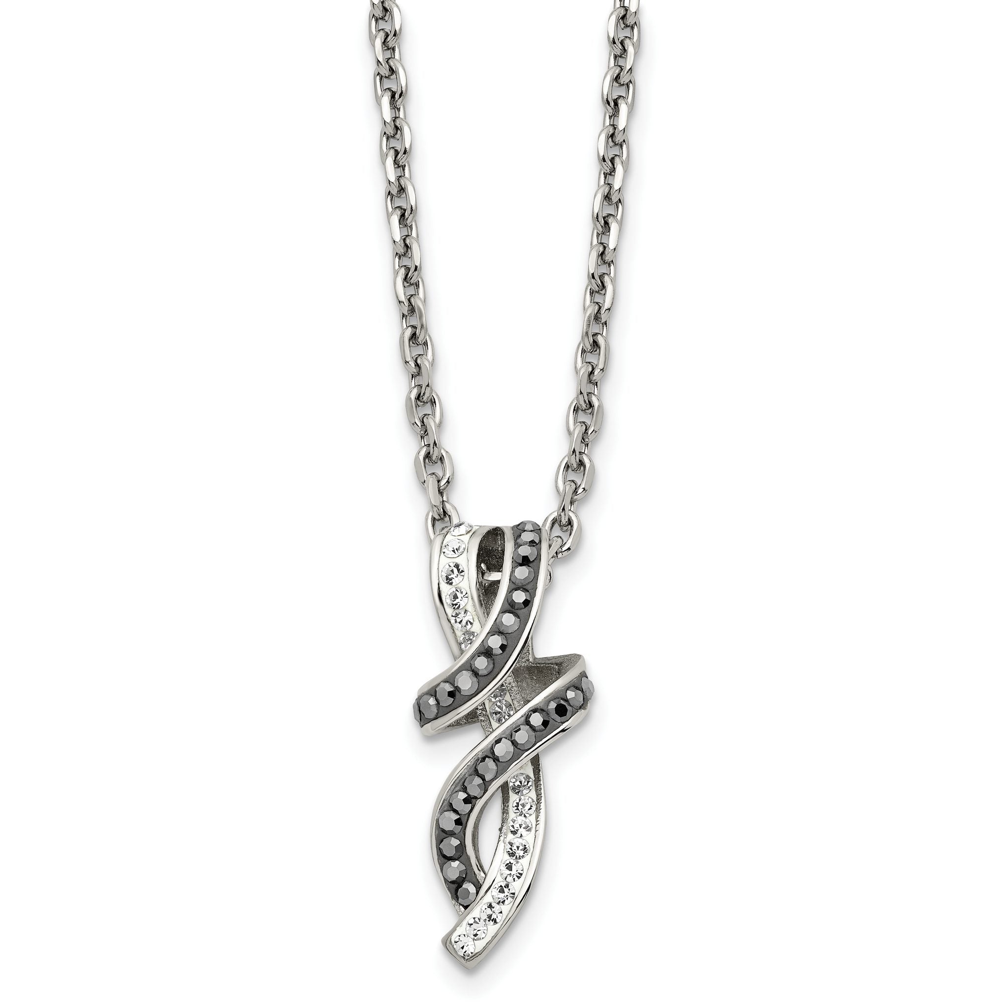 Chisel Stainless Steel Polished Black and White Crystal Fancy Twisted Pendant on an 18 inch Cable Chain Necklace Main image