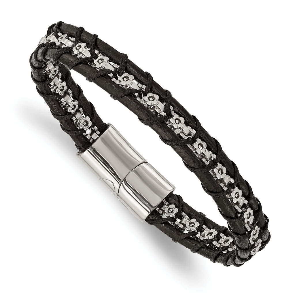 Stainless Steel Polished Flower Link Black Leather Bracelet