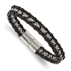 Stainless Steel Polished Flower Link Black Leather Bracelet