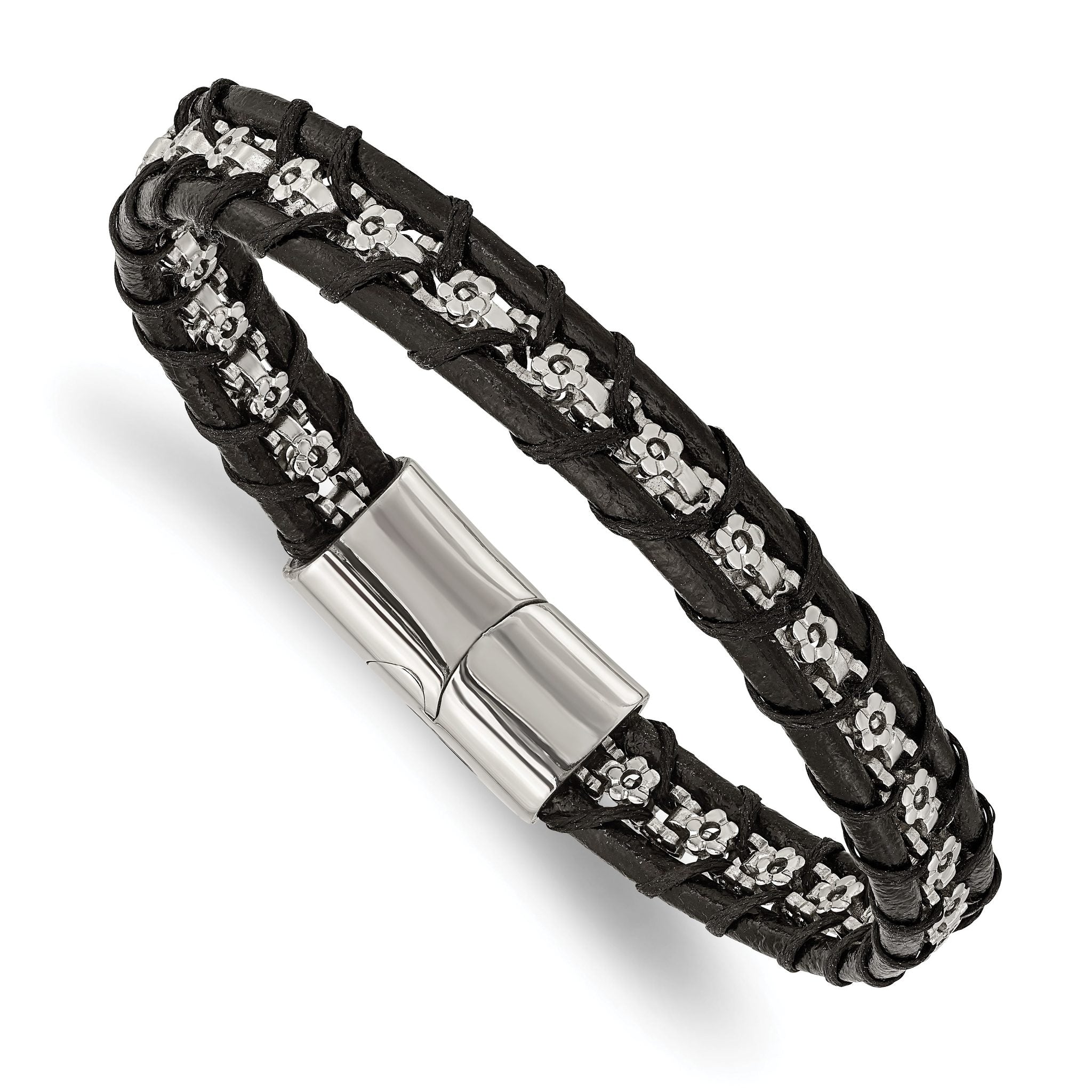 Stainless Steel Polished Flower Link Black Leather Bracelet