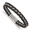 Stainless Steel Polished Flower Link Black Leather Bracelet