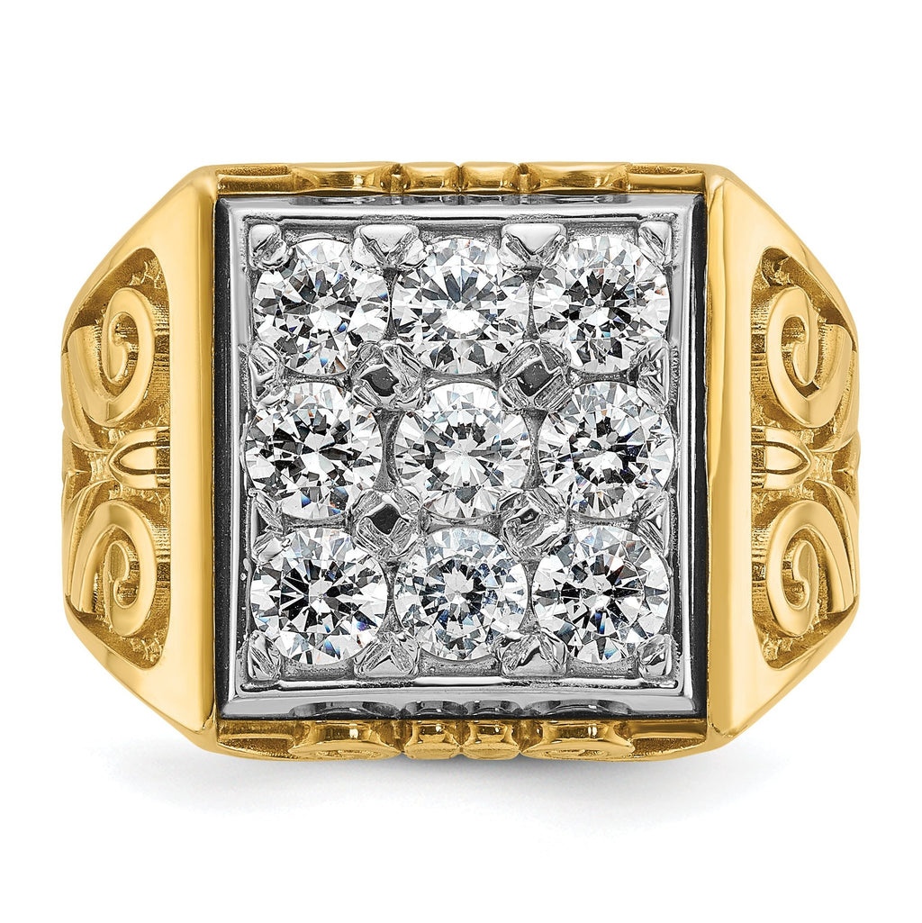 14k Two-tone Men's Polished and Textured Scroll Design 2 Carat AA Quality Diamond Square Cluster Rin