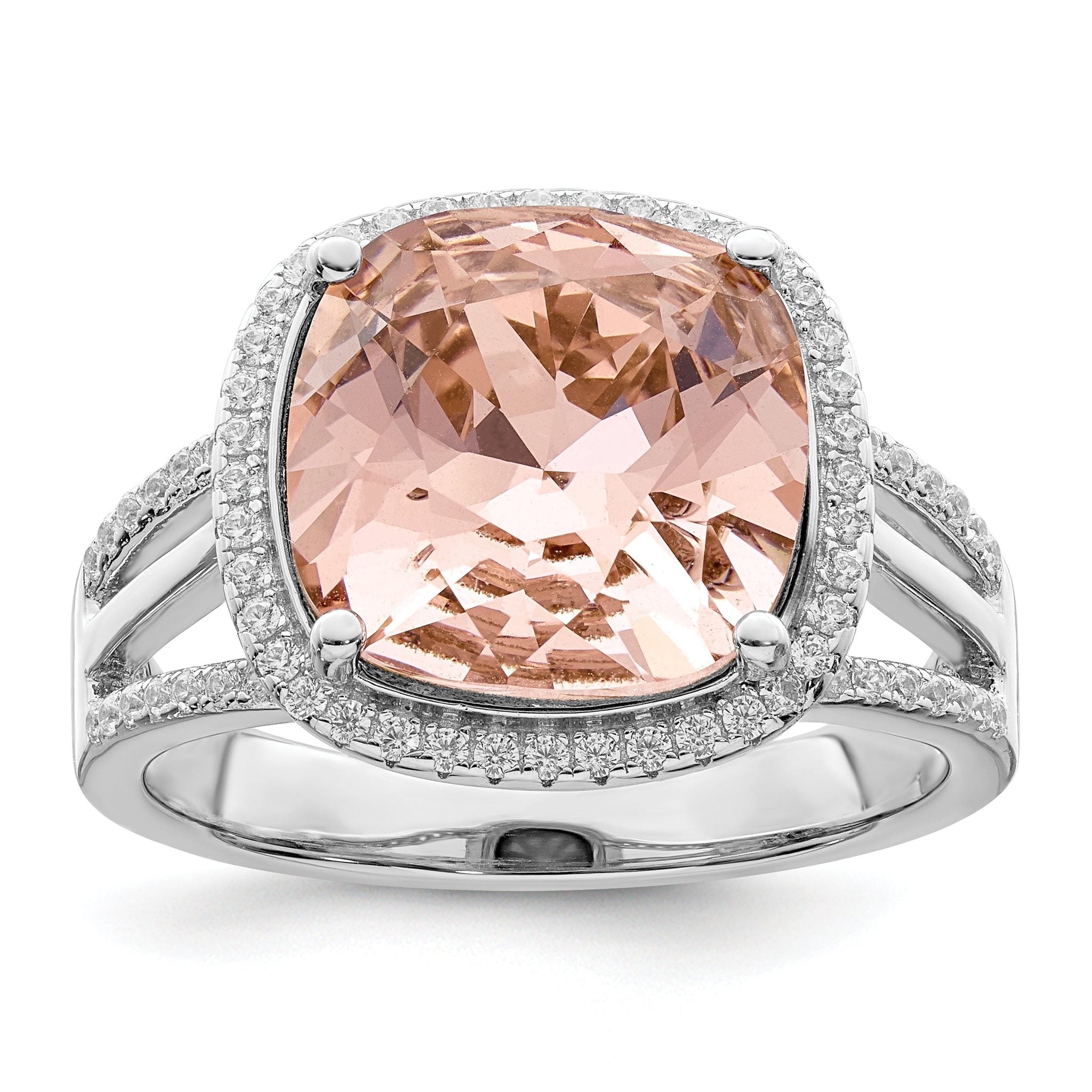 Sterling Silver Rhodium-plated Polished CZ & Peach Crystal Ring Main image