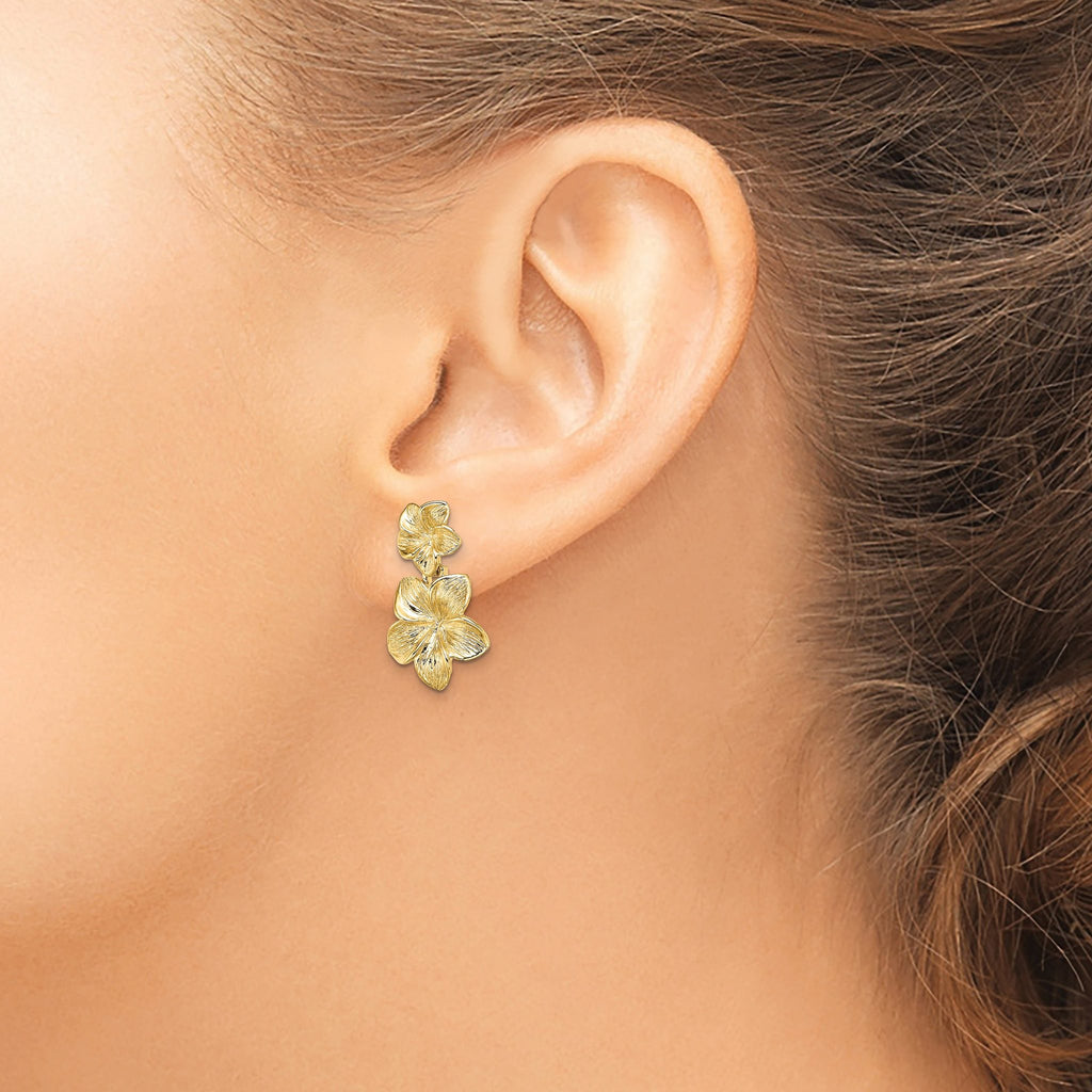 14K Double Plumeria Flower Post Dangle Earrings
