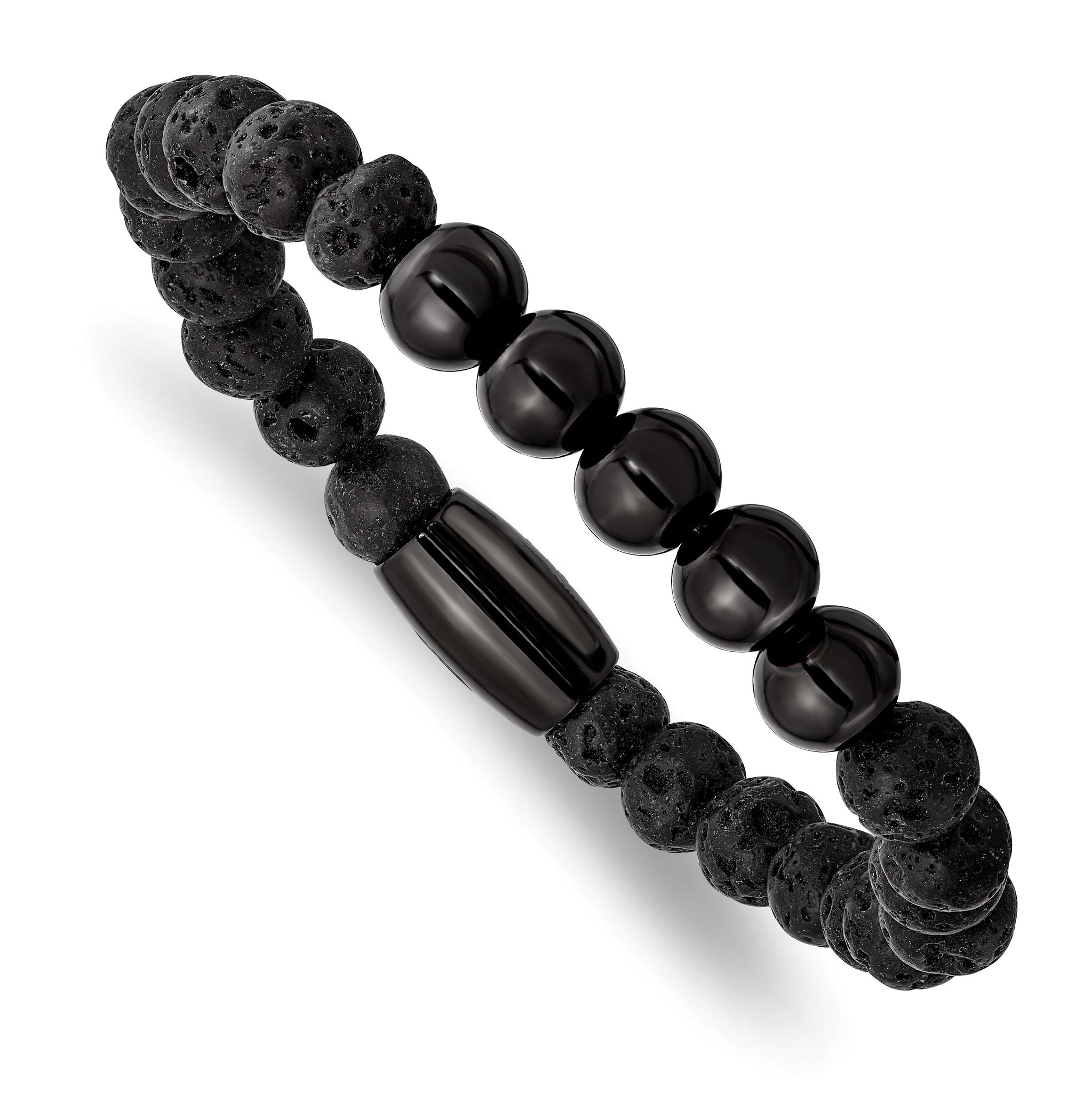 Stainless Steel Polished Black IP-plated 8mm Lava Stone Stretch Bracelet