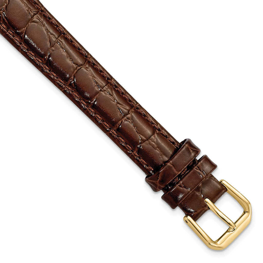 16mm Extra Long Brown Alligator Grain Leather with Gold-tone Buckle 9.5 inch Watch Band