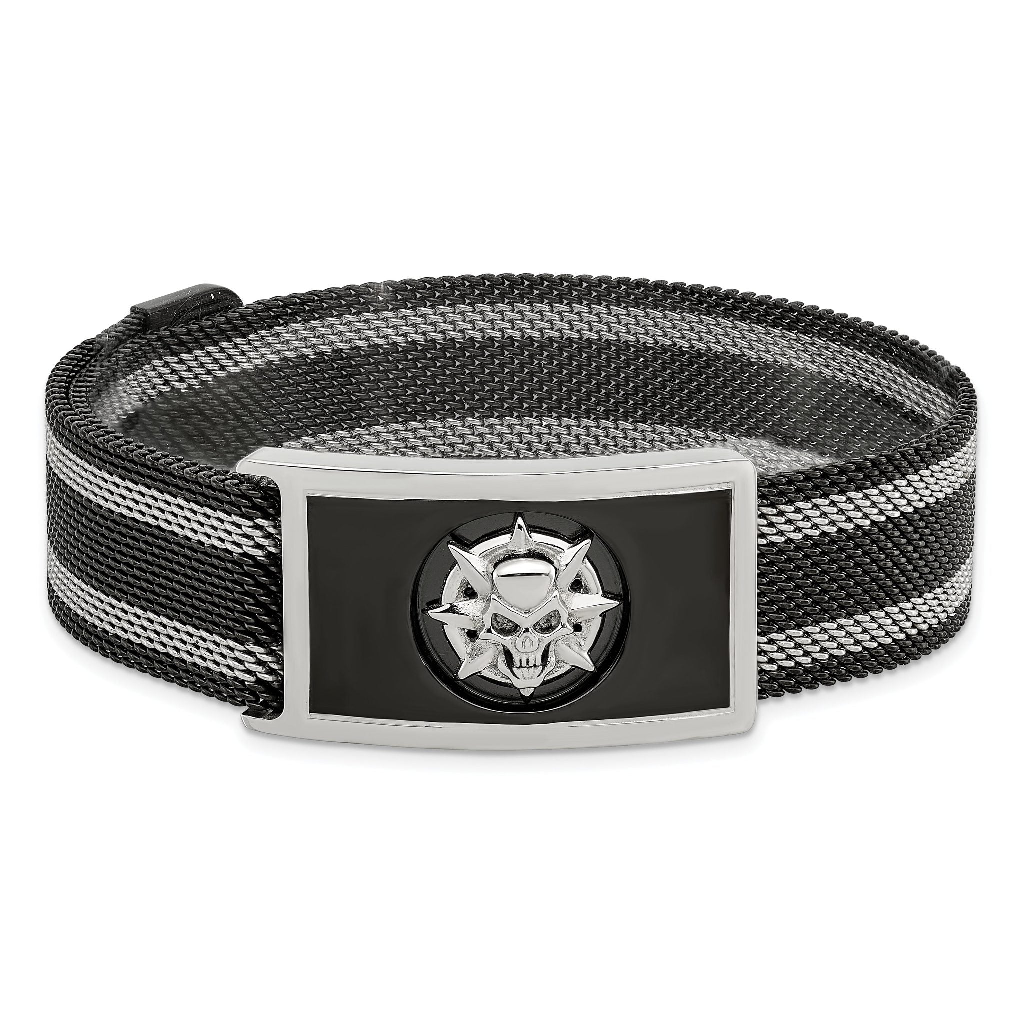 Stainless Steel Polished Black IP-plated Skull Mesh Adjustable Magnetic Clasp Bracelet