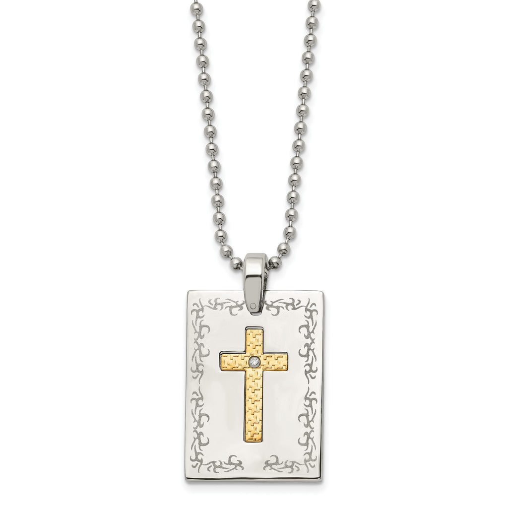 Stainless Steel w/18k Polished Laser Etched w/.01ct Dia Cross Necklace