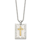 Stainless Steel w/18k Polished Laser Etched w/.01ct Dia Cross Necklace