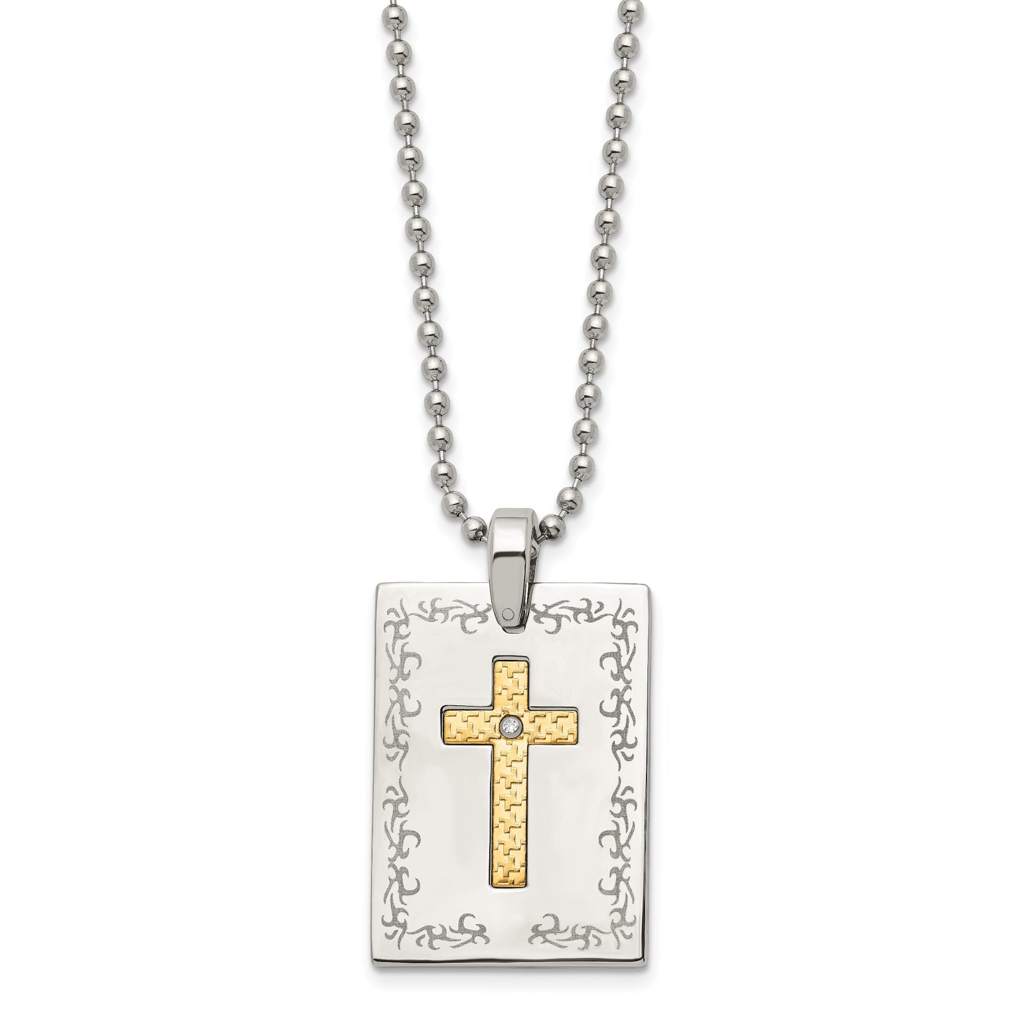 Stainless Steel w/18k Polished Laser Etched w/.01ct Dia Cross Necklace