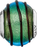 Sterling Silver 925 Murano Glass Bead with Teal Black Stripes