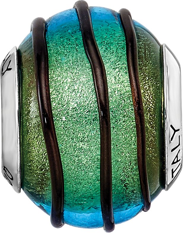 Sterling Silver 925 Murano Glass Bead with Teal Black Stripes