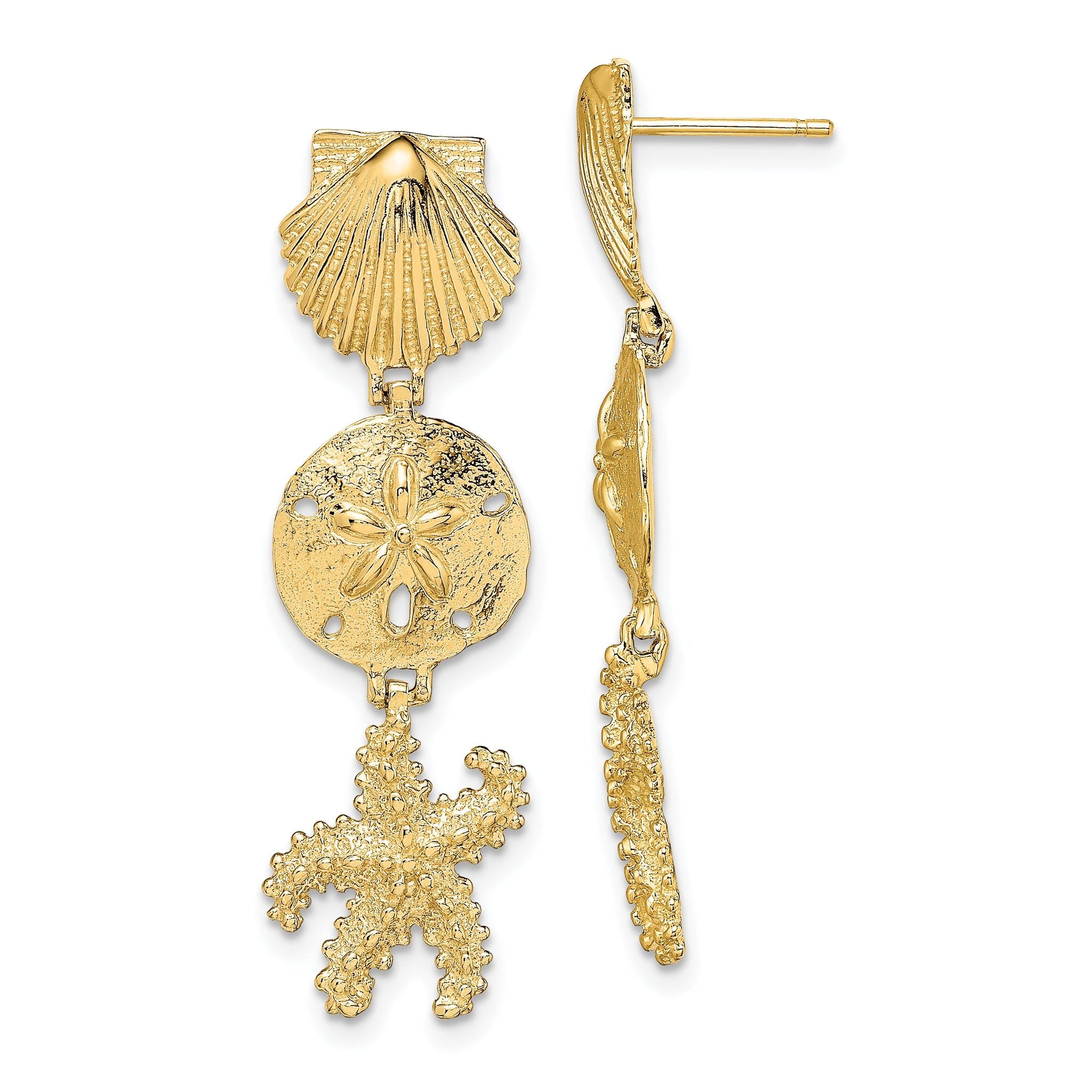 14K Shell, Sand Dollar ,Starfish Post Dangle Earrings Main image