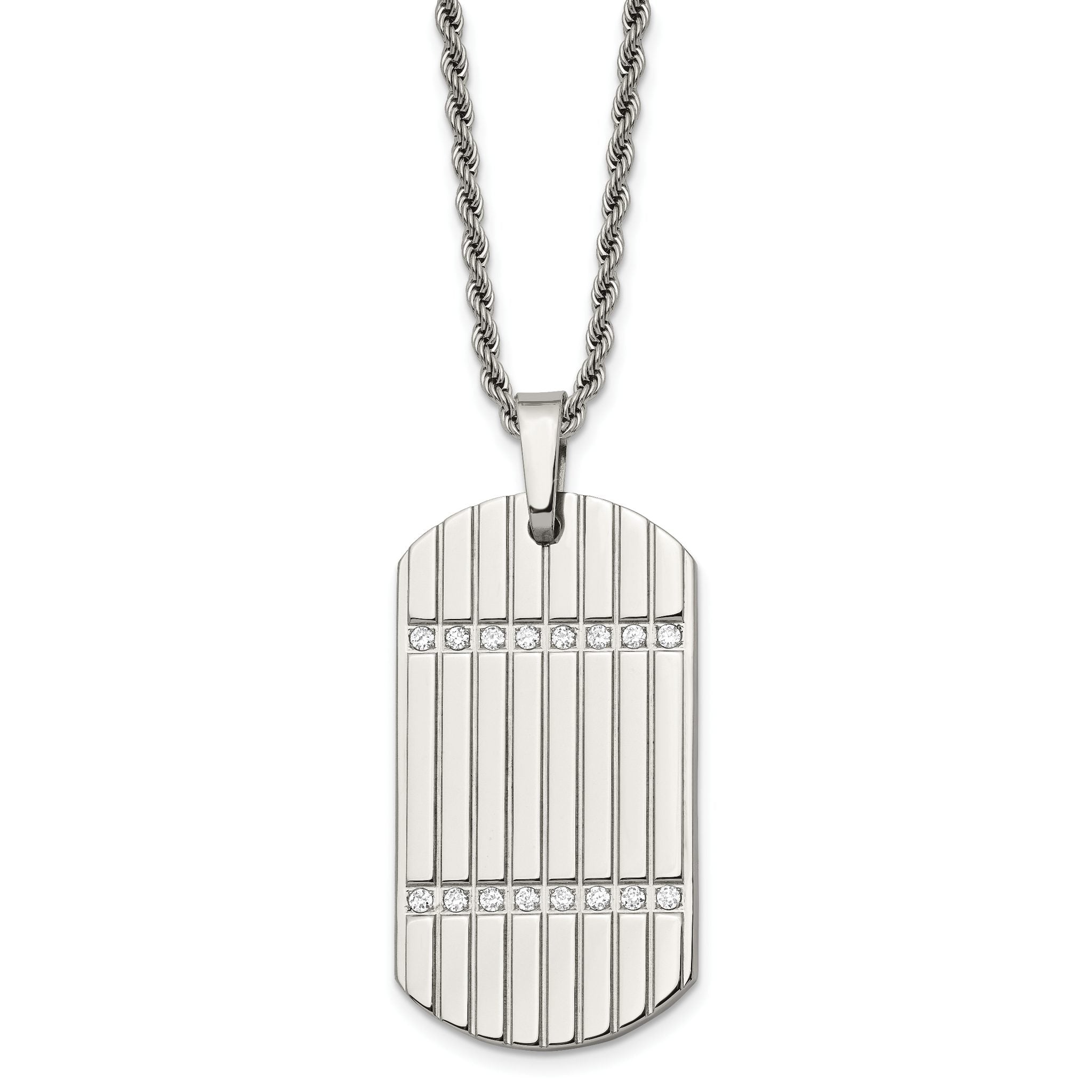 CZ Dog Tag Necklace in Stainless Steel, 24 in Main image
