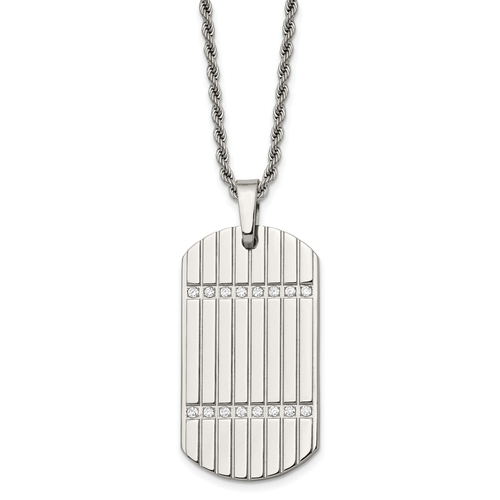 CZ Dog Tag Necklace in Stainless Steel, 24 in